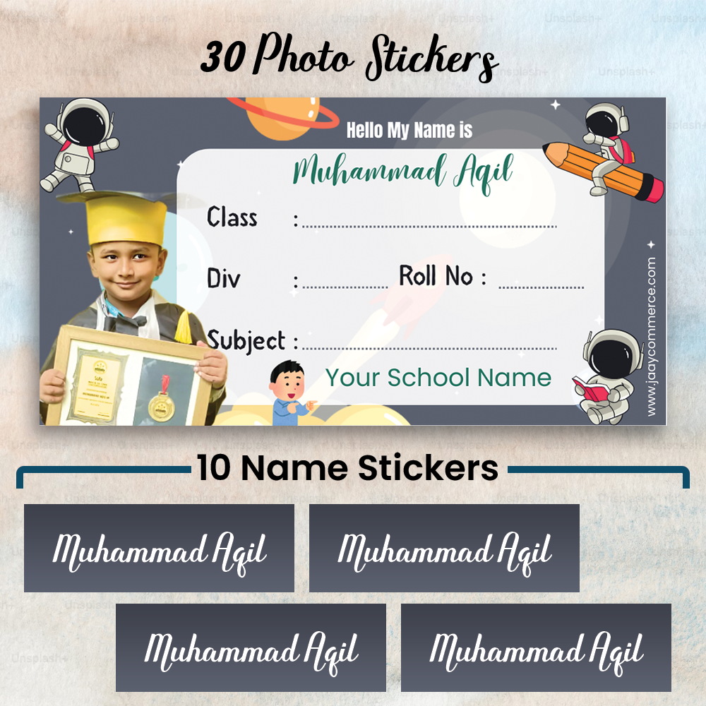 30 pcs Customised Name Slip Stickers with Your Kids Photo & 20 pcs Personalised Name Slip | School Labels for Notebooks. Non Tearable Stickers (Copy) (Copy)